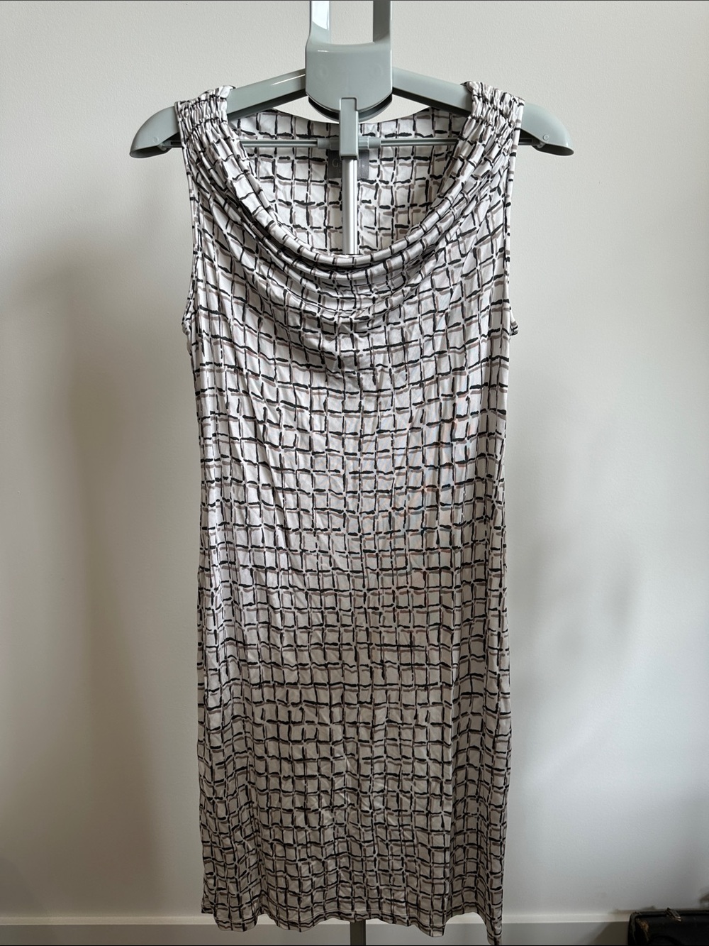 Cowl Neck Midi Dress in Beige and Black Grid